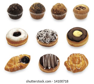 Different dough nuts and muffins isolated on white background
