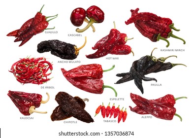 Different Dried Chile Peppers, A Well-known Specialties. Translation: De Arbol - A Tree, Kalocsai - From Kalocsa