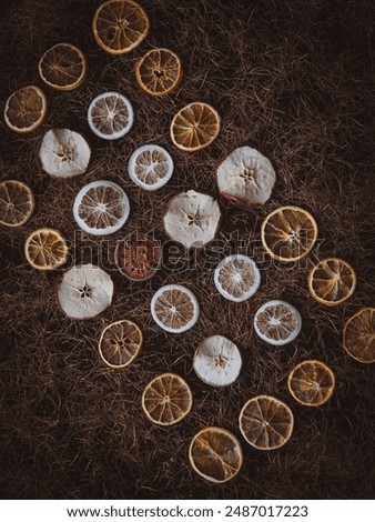 Different dried orange sliced in creative way juxtapose
