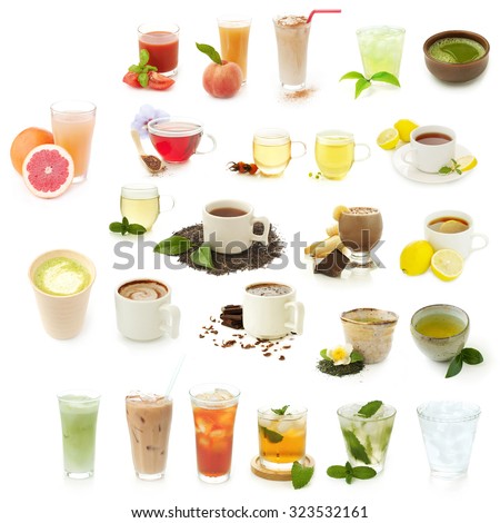 different drinks isolated on a white background, collection
