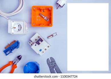 Different electrical tools with text place. Top view, copy space.