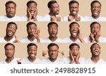 Different Emotions Collage. African American Guy Grimacing Expressing Series Of Negative And Positive Emotions On Orange Background