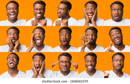 Different Emotions Collage. African American Guy Grimacing Expressing Series Of Negative And Positive Emotions On Orange Background