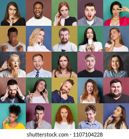 Different emotions collage. Set of male and female emotional portraits. Young diverse people grimacing and gesturing on camera at colorful studio backgrounds