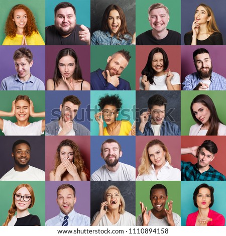 Different emotions collage. Set of male and female emotional portraits. Young diverse people grimacing and gesturing on camera at colorful studio backgrounds