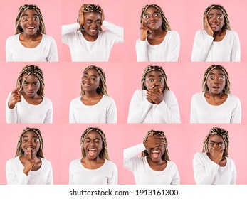 Different Emotions And Reactions Concept. Composite mosaic collage of black woman emotional portraits. Young african american lady grimacing on camera at pink studio background, image montage