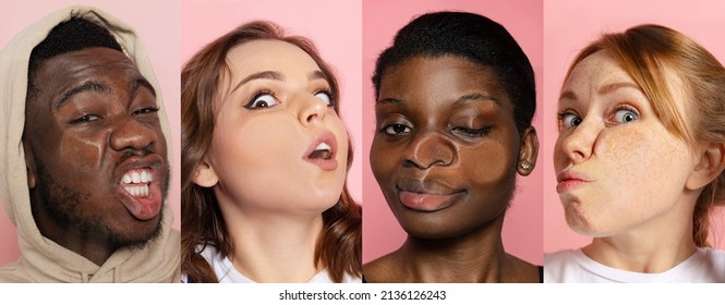 Different Emotions. Set Of Close-up Faces Of Young Girls And Boys Crushed On Glass Isolated On Colored Background. Concept Of Human Emotions, Diversity. Models Leaning Against Transparent Glass