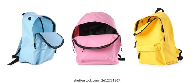 Different empty backpacks isolated on white, collage