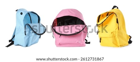 Different empty backpacks isolated on white, collage