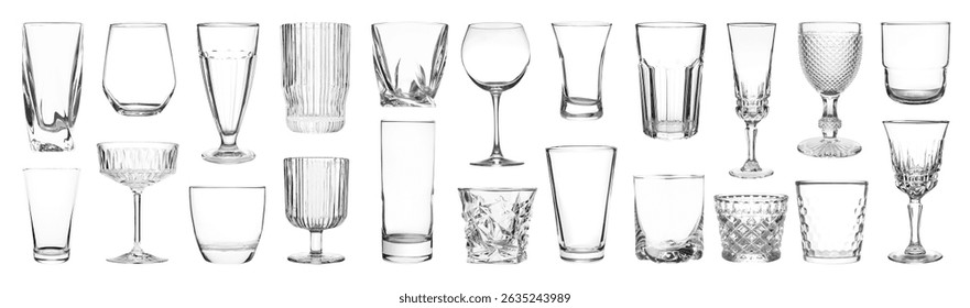 Different empty clean glasses on white background, collage