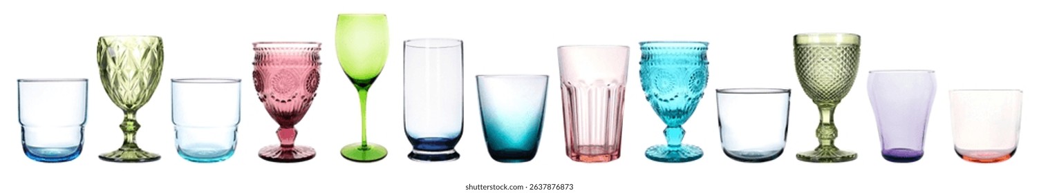 Different empty clean glasses on white background, set