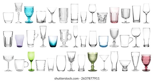 Different empty clean glassware on white background, collage
