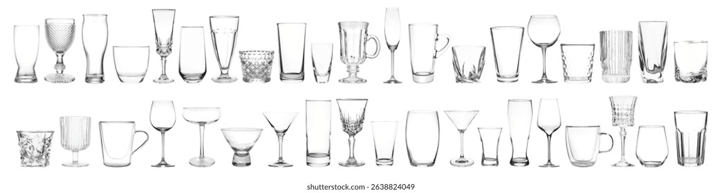 Different empty clean glassware on white background, collage