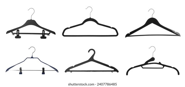 Different empty hangers isolated on white, set