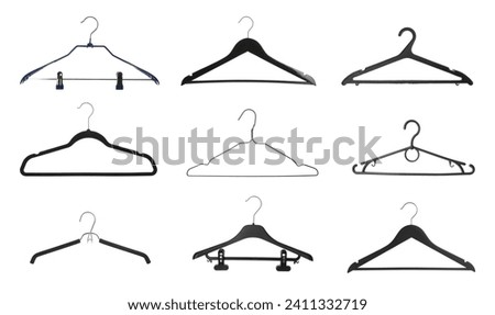 Different empty hangers isolated on white, set