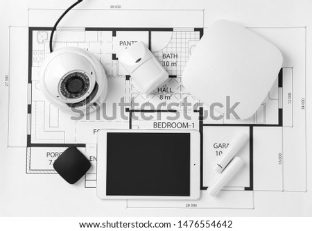 Different equipment of security system on home plan