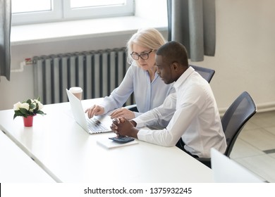 Different Ethnicity And Ages Employees Sitting At Desk Working Together, Businesswoman In Glasses Typing Use Notebook Concentrated African Colleague Learn Corporate Program, Mentor And Trainee Concept