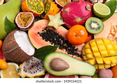Different exotic fruits as background, top view - Shutterstock ID 1939154521