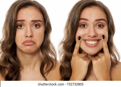 Different Expressions Of A Same Woman On White Background