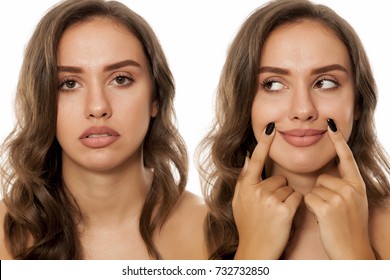 Different Expressions Of A Same Woman On White Background