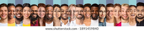 Different Faces\
Collage. Smiling Multiethnic Ladies And Men Looking At Camera, Row\
Of Portraits On Blue Studio Backgrounds. Collection Of Beautiful\
Human Headshots.\
Panorama