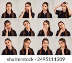 Different facial expressions, photoset portraits of teen cover girl 12 year old in black t-shirt. Actress emotions set, emotional face jewish teenage model at grey. Emotion concept. Copy ad text space