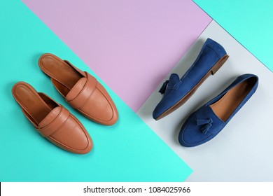 Different Female Shoes On Color Background, Top View