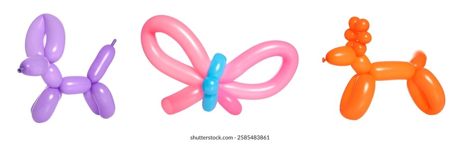 Different figures made of modelling balloons on white background, set