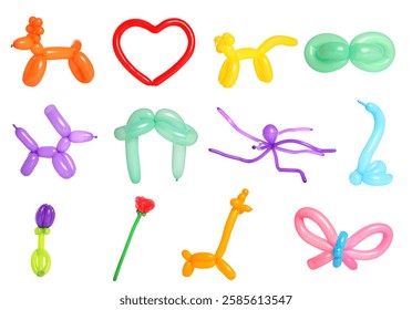 Diferentes figuras hechas de globos de modelado sobre fondo blanco, conjunto