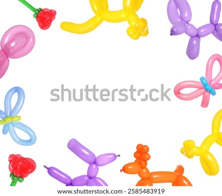 Different figures made of modelling balloons on white background