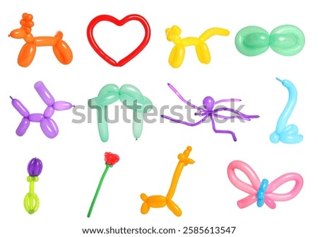 Different figures made of modelling balloons on white background, set