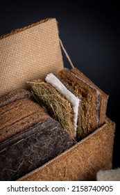 Different filling layers for a mattress in the box. Coconut coir, seagrass, cotton, horse hair, agava - mattress materials.