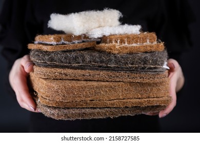 Different filling layers for a mattress in woman hands. Woman holding in hands coconut coir, seagrass, cotton, horse hair, agava materials.