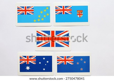 Different flags with orgin from Great Britain. Part of the British commonwealth. Countris of Tuvalu, Fiji, Australia and New Zeeland.