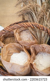 Different Flours And Cereals Exposed In Organic Paper Bags