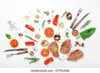 Different Food Grilled On A White Background. Top View. Flat Lay