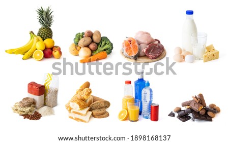 Different food and groceries items grouped by categories, isolated on white background