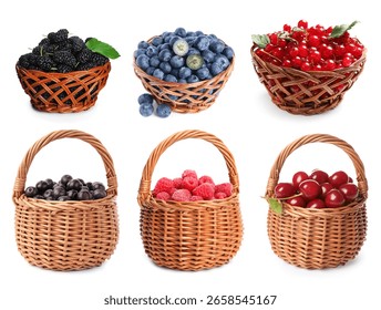 Different fresh berries in wicker baskets isolated on white, set