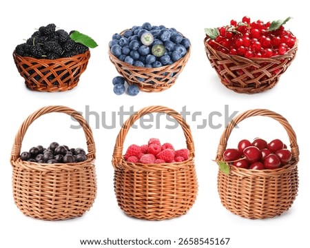 Different fresh berries in wicker baskets isolated on white, set