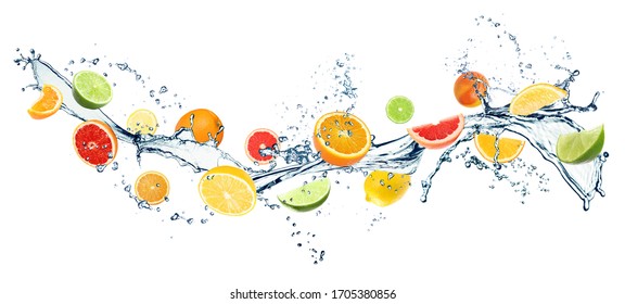 Different fresh citrus fruits and splashing water on white background. Banner design - Powered by Shutterstock