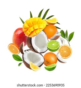 Different fresh fruits and leaves flying on white background - Shutterstock ID 2253690935