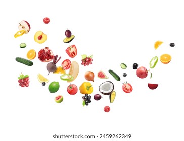 Different fresh fruits and vegetables in air on white background - Powered by Shutterstock