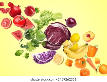 Different fresh fruits and vegetables in air on yellow background - Powered by Shutterstock