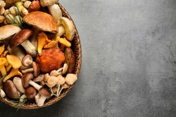 Different Fresh Wild Mushrooms On Grey Table, Top View. Space For Text
