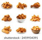 Different fried foods collection. Unhealthy Fast Foods isolated on white background. Chicken strips, fried chicken, nachos, spring rolls, potato chips, chicken popcorn, chicken broast. Fried food set.