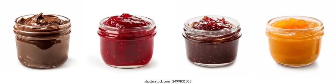 Different fruit jams flavors isolated on white background. fig jam, chocolate spread, strawberry jam, orange and mango jam in glass jar isolated. assortment of organic fruit jams set.