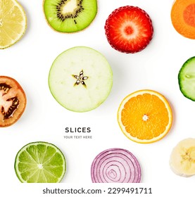 Different fruit and vegetable slice creative layout isolated on white background. Healthy eating and dieting concept. Fresh slices layout. Design element. Top view, flat lay
