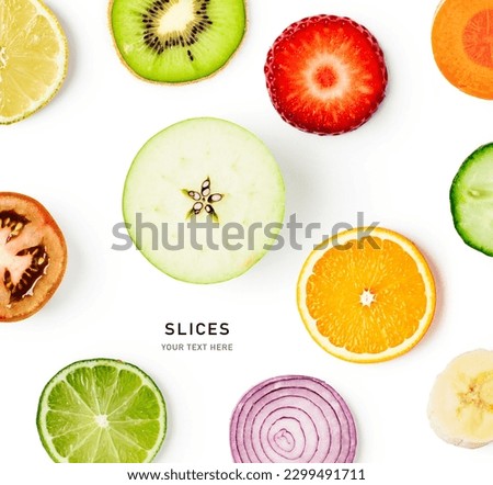 Different fruit and vegetable slice creative layout isolated on white background. Healthy eating and dieting concept. Fresh slices layout. Design element. Top view, flat lay
