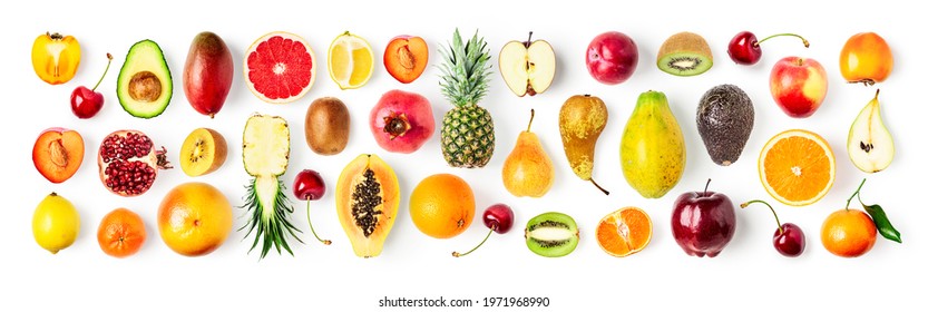 Different Fruits Collection And Creative Banner Isolated On White Background. Healthy Eating And Dieting Food Concept. Pineapple, Pomegranate, Cherry, Orange, Apple, Mango, Avocado Fruit Composition
