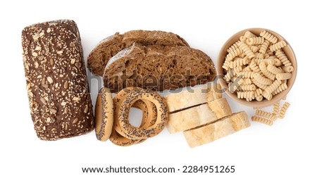 Different gluten free products on white background, top view